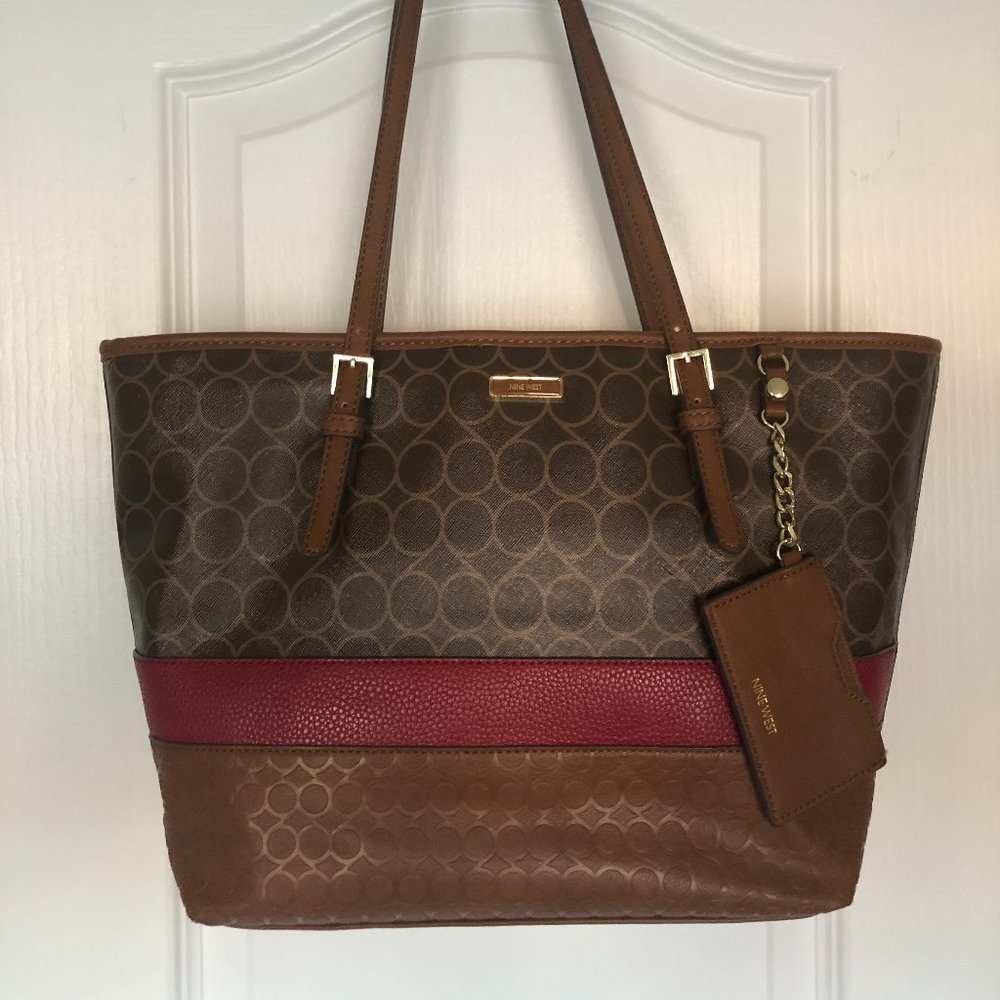 Nine West Tote Bag Brown Tan Red EUC Like New